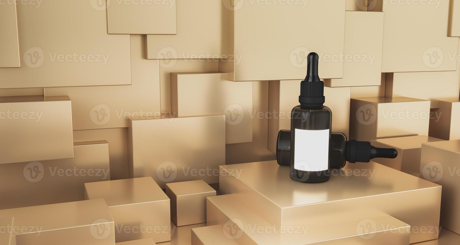 a dropper skin care bottle on the base of gold shiny shade photo