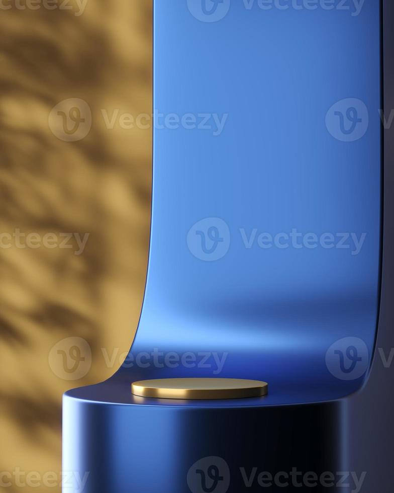 abstract background for product presentation. blue shiny curve and gold circle base in front of brown background with plants shadow. photo