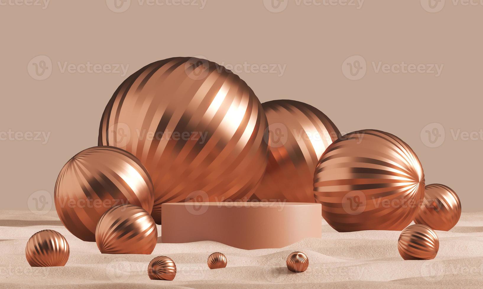 The clay cylinder podium set amid many wrinkled champagne ball in the desert, abstract minimal background for ads branding and product presentation. photo