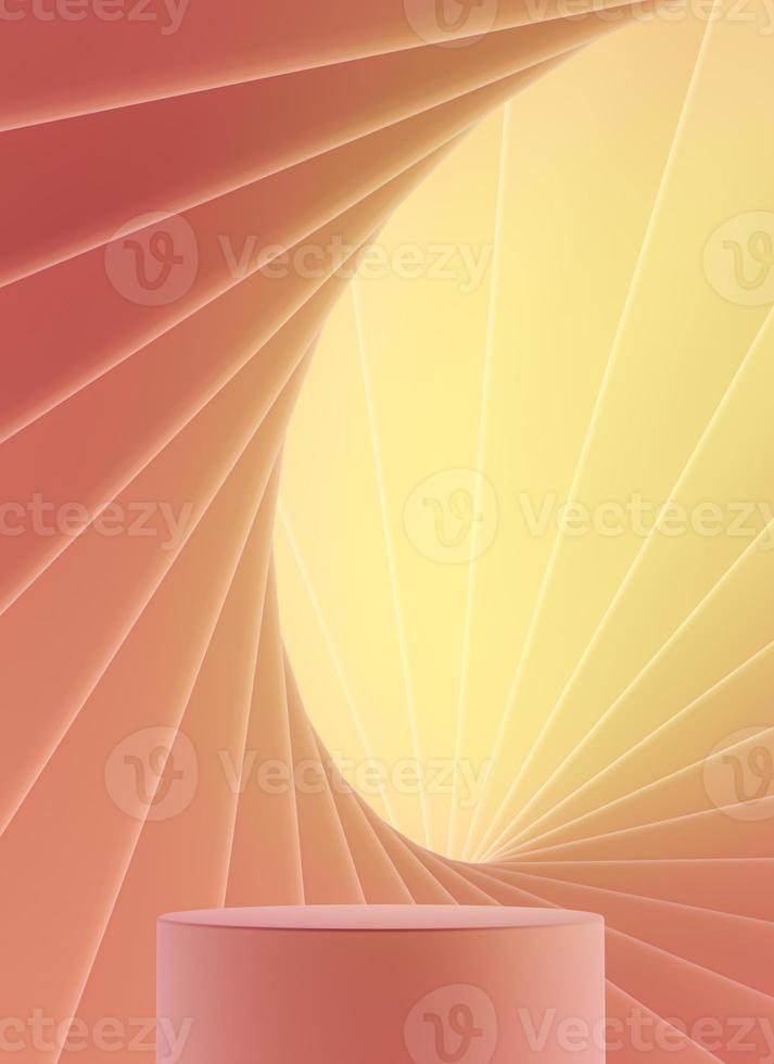 The pink podium in front of surface zigzag twisted champagne gradation color. abstract background for branding or presentation. photo