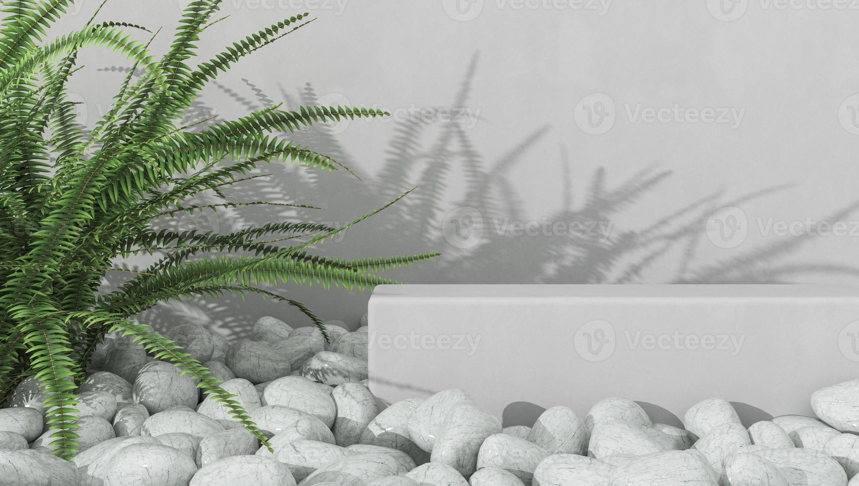 Minimalist mockup background for product presentation, white platform on white gravels, fern and shade on white cement wall. 3d rendering. photo