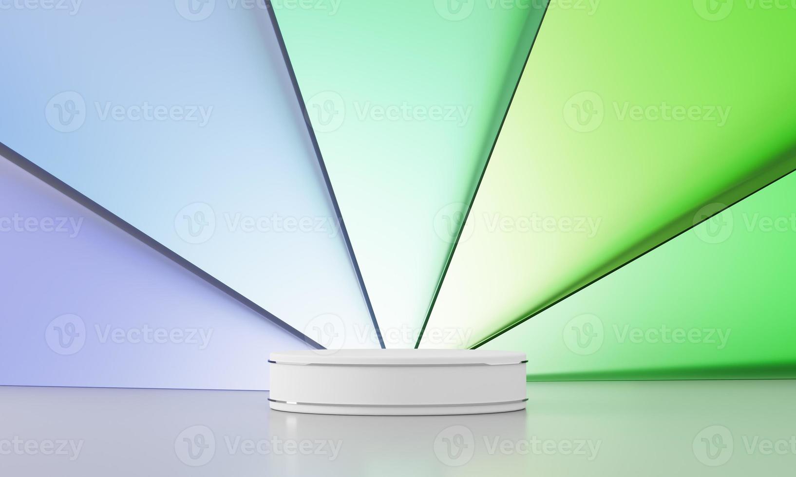 White podium with silver ring, stained glass backdrop overlapping triangular shape, abstract background for branding or presentation. 3d rendering photo