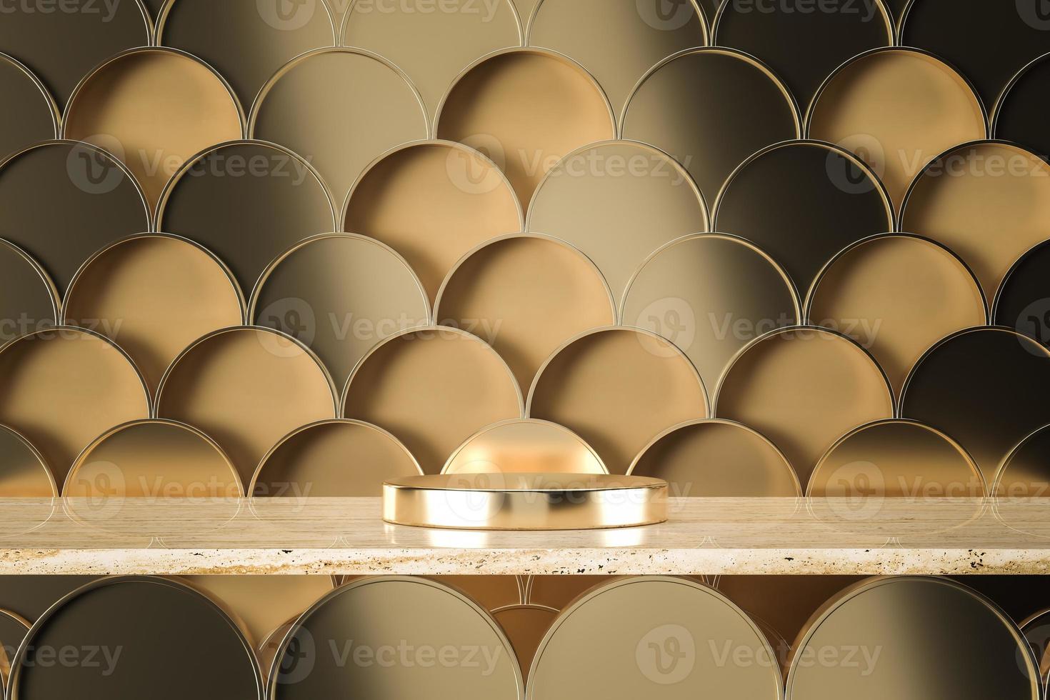 Abstract mockup concept for product presentation, The gold metal base on travertine marble, Golden fish scales artwork on beige background. 3d rendering photo