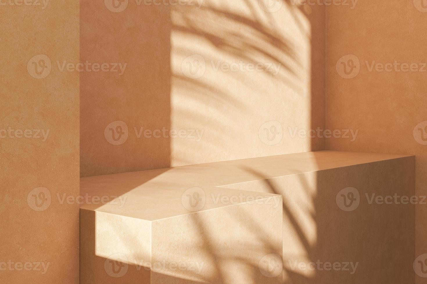 Abstract background for product presentation, Sunlight and shade of tropical plants on beige cement platform. 3d rendering photo