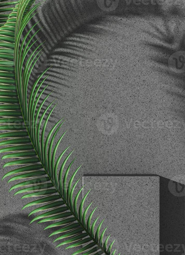 Minimalist mockup background for product presentation, gray terrazzo podium and palm leaf, sunlight and palm leaf shade on terrazzo wall. 3d rendering photo