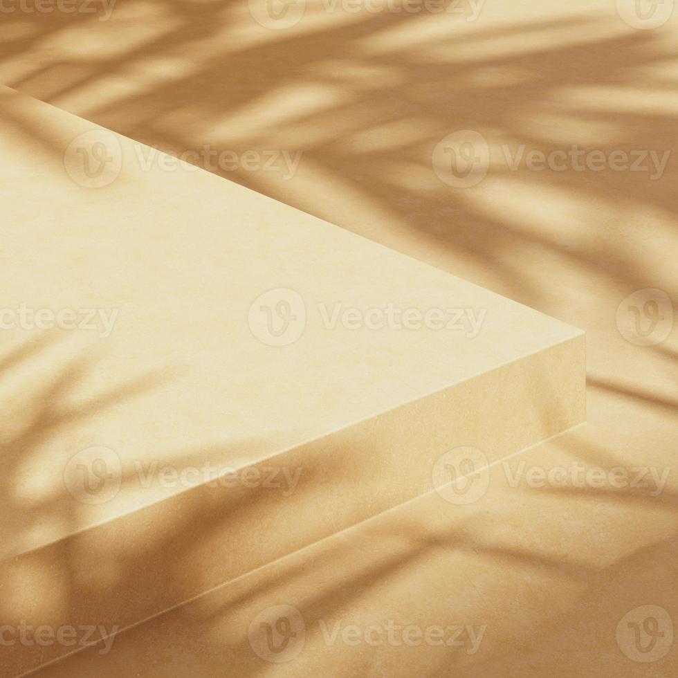 fondo abstracto para la presentación del producto, luz solar y sombra de plantas tropicales en una plataforma de cemento beige. representación 3d foto