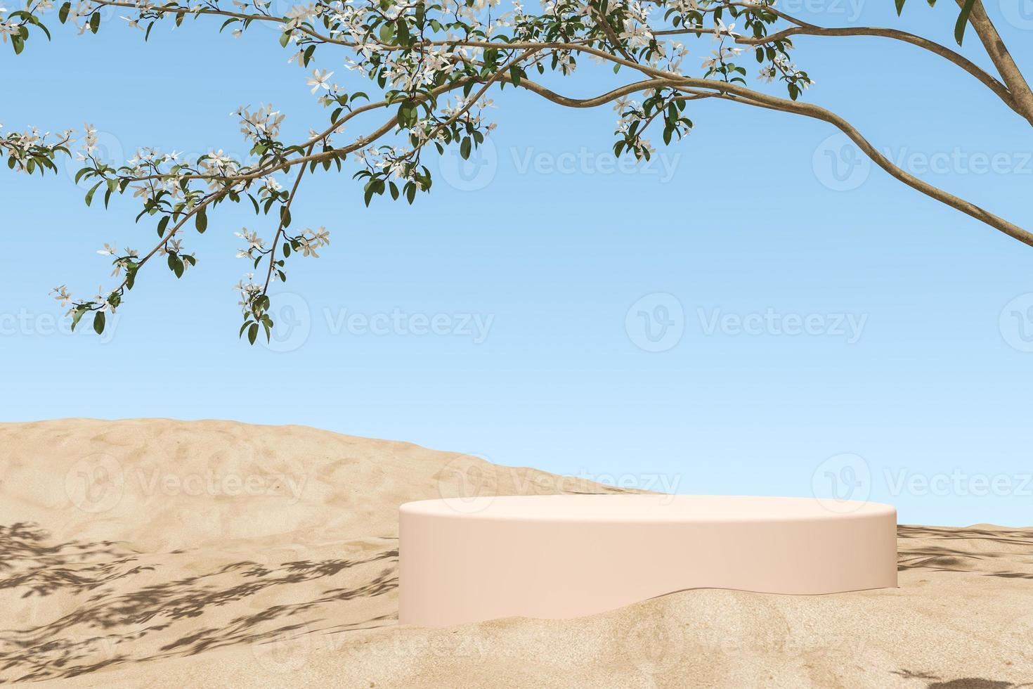 The cylindrical platform on dunes under a branches, blue sky background, Abstract background for branding or product presentation. 3d rendering photo