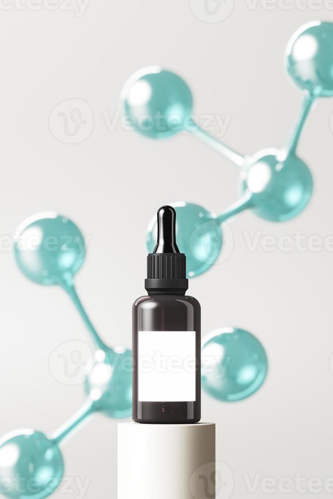 Mockup dropper bottle on platform and molecules background, abstract background for cosmetic presentation or branding. 3d rendering photo