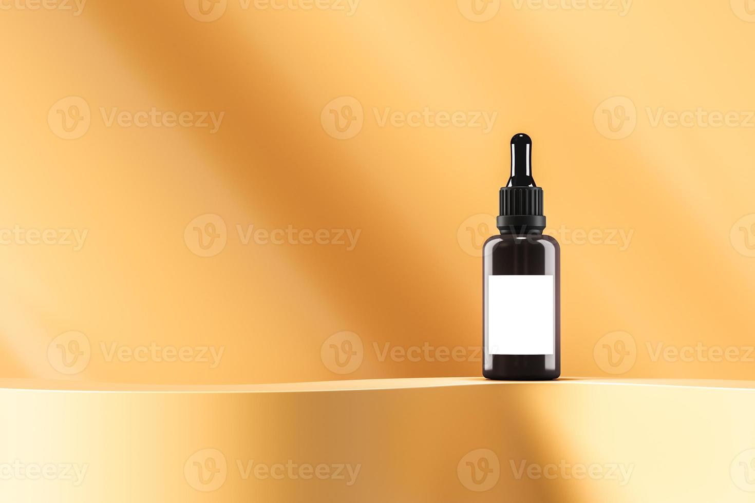Dropper bottle on gold curve platform, Minimal background for cosmetic presentation or branding. 3d rendering photo