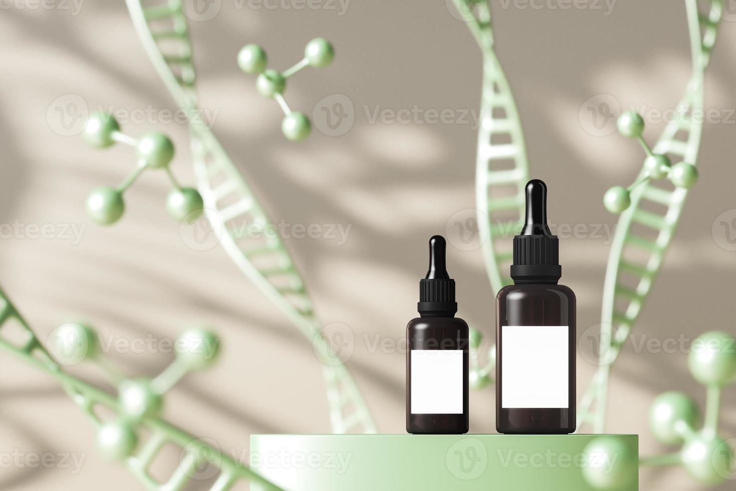 Mockup dropper bottle on green platform and molecules background, focus to bottle and blur background and foreground, abstract background for cosmetic presentation or branding. 3d rendering photo