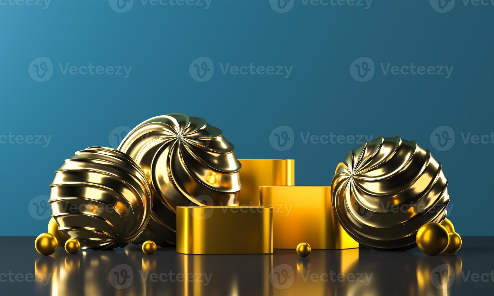 Golden podiums and shiny balls reflection platform, abstract background for presentation or advertising. 3d rendering photo