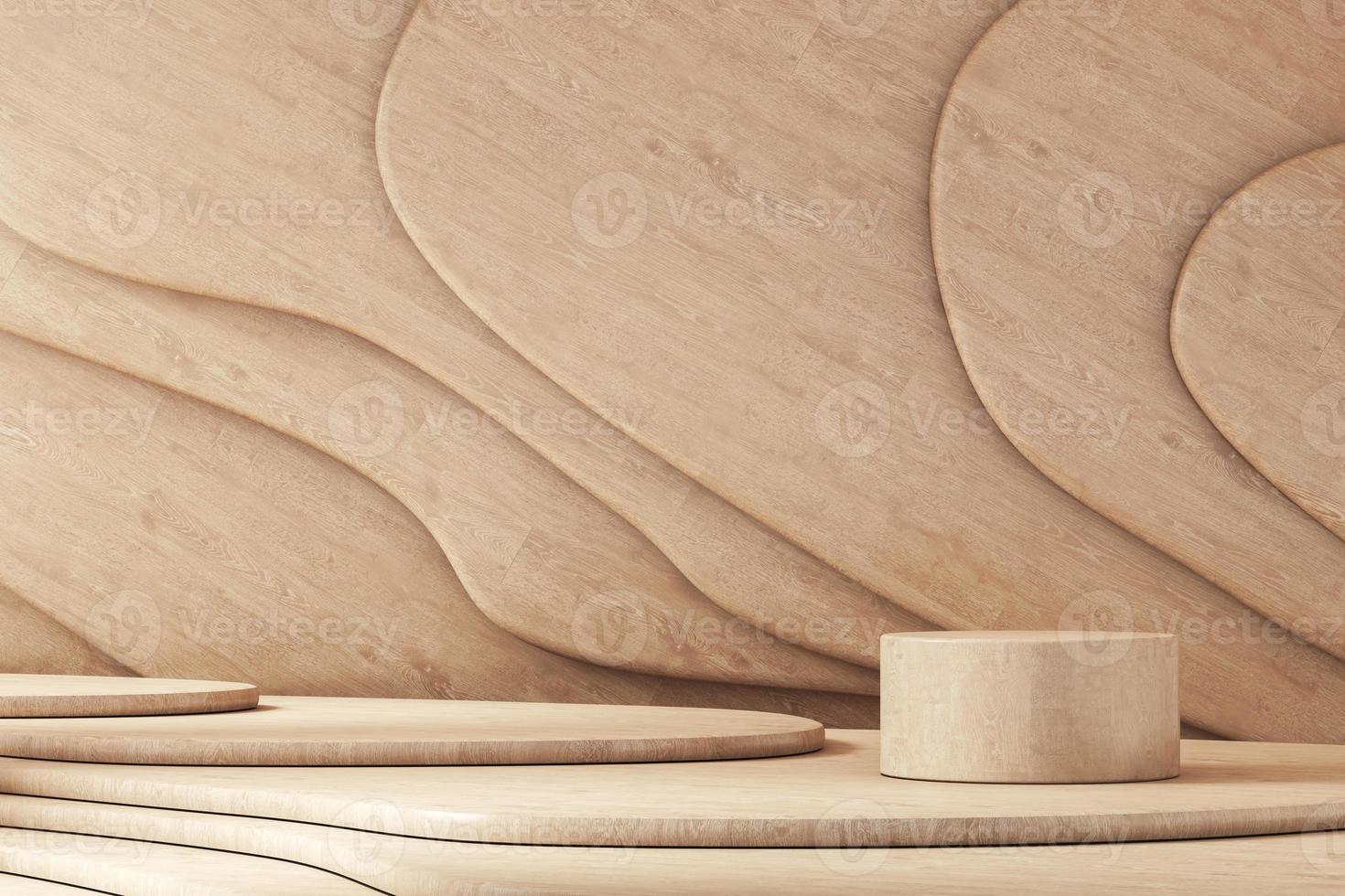 Wooden cylinder platform on curve stacked free form wooden panel background, abstract background for presentation or branding. 3d rendering photo