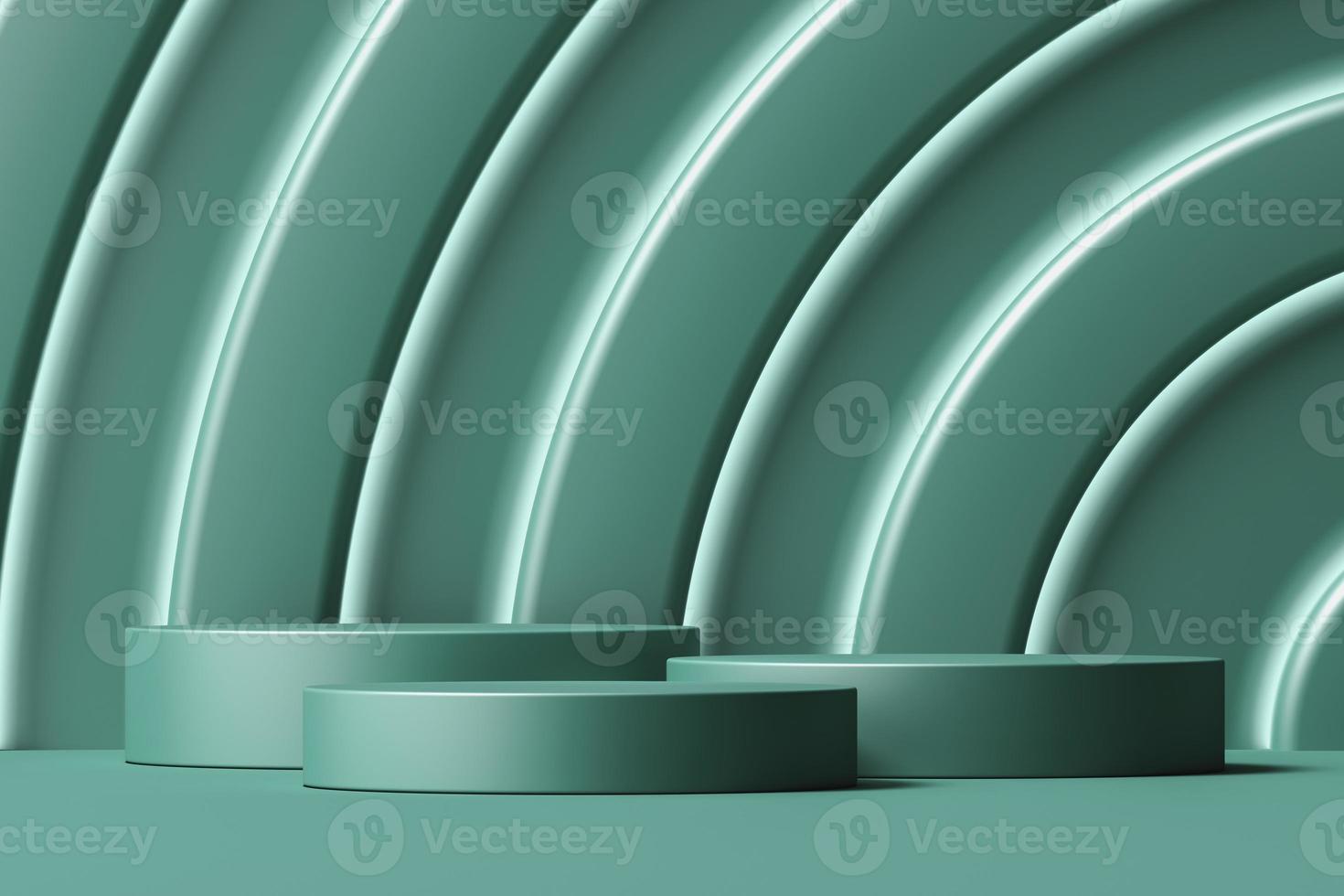 tres plataformas verdes sobre fondo de capa de curva verde, fondo abstracto para presentación de productos o marca. representación 3d foto