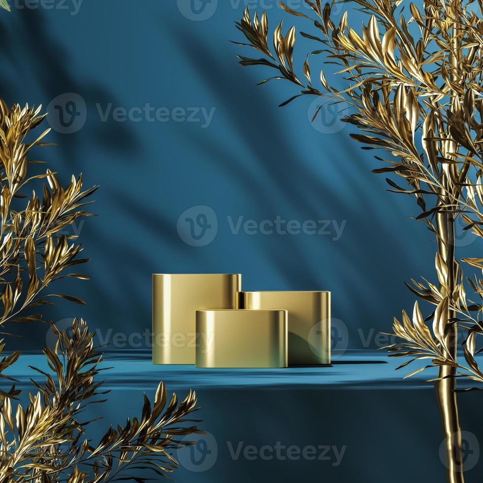 Three gold podiums on blue platform, gold plants foreground and plants shade background, abstract background for product presentation or advertising. 3d rendering photo