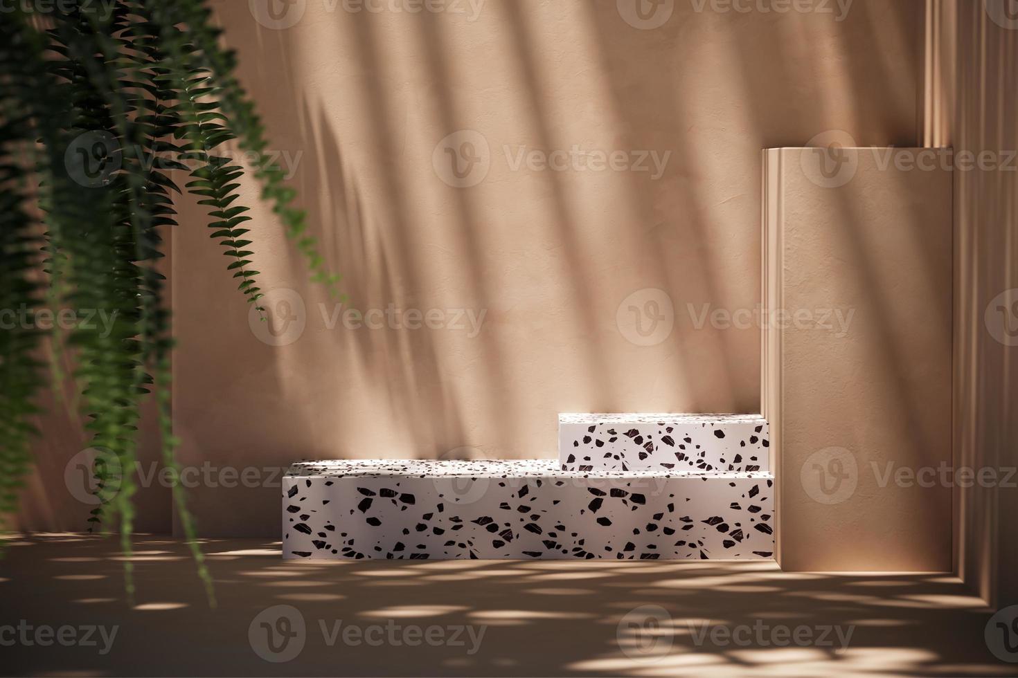 White terrazzo on mockup beige scene, blur plants foreground. background for product presentation or ads. 3d rendering photo