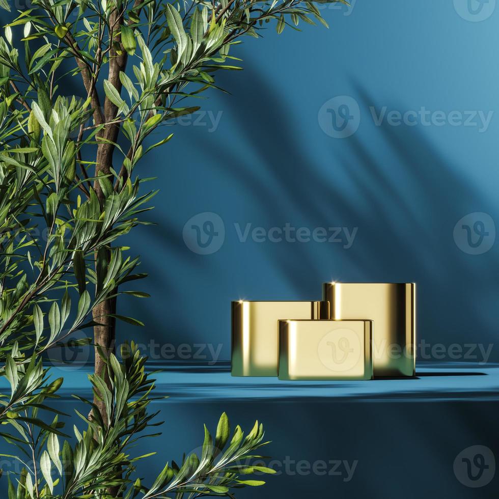 Three gold podiums on blue platform, green plants foreground and plants shade background, abstract background for product presentation or advertising. 3d rendering photo