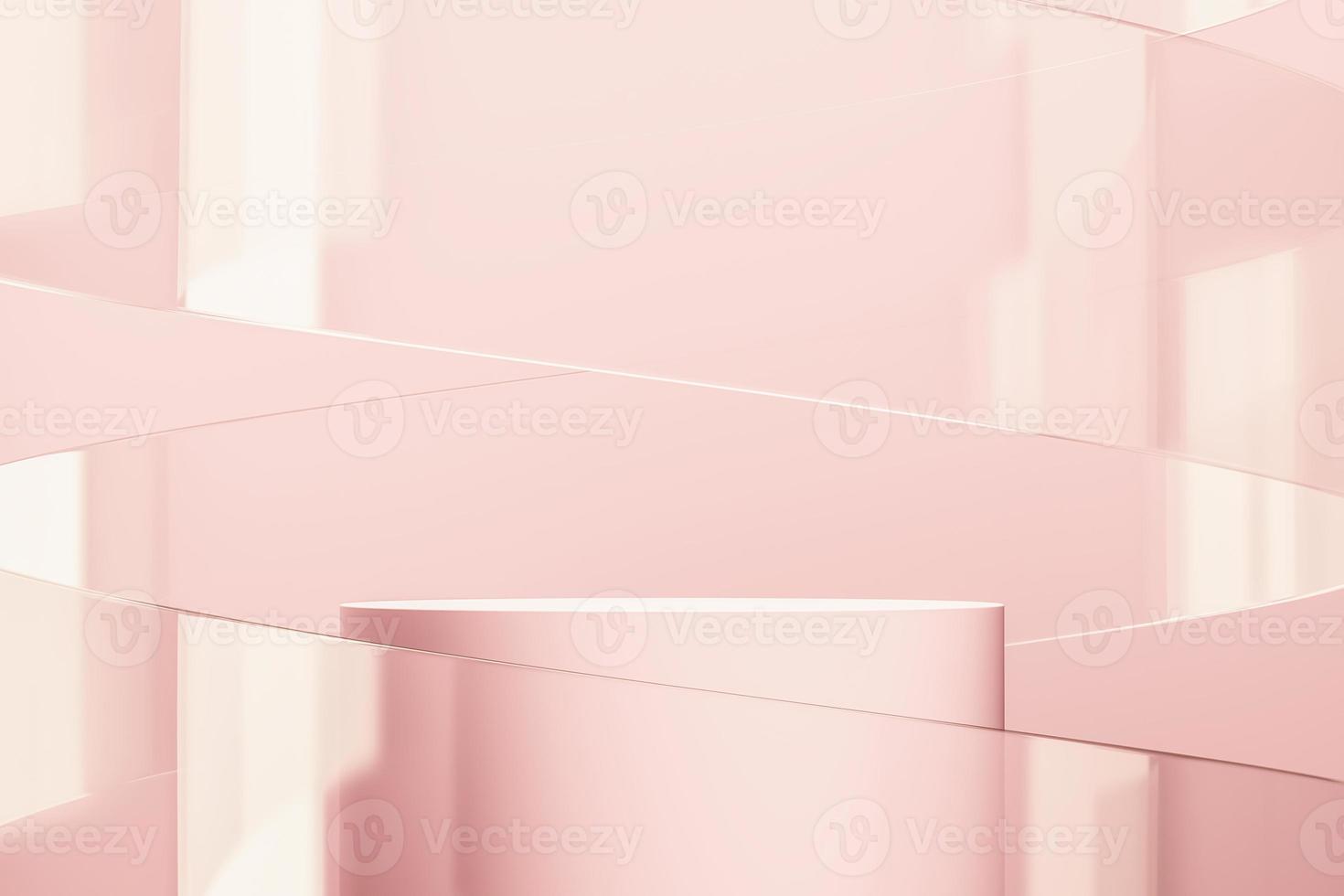 Pink cylindrical podium and glass curve background, minimal abstract background for product presentation. 3d rendering photo