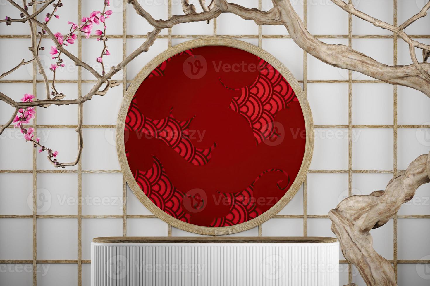 white platform on japan backdrop and Sakura tree, red cloud and fish scale pattern background. abstract background for product presentation or ads. 3d rendering photo
