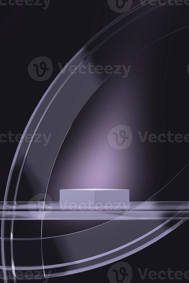 Glass platform on black background, high light on platform, Background for product presentation. 3d rendering photo