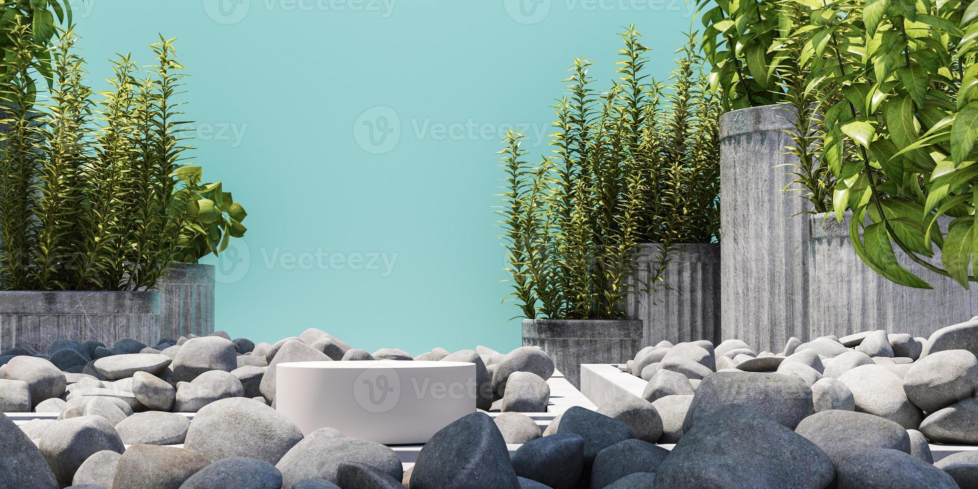 white podium on mockup garden scene, stone and plants on blue background, Abstract background for product or ads presentation. 3d rendering photo