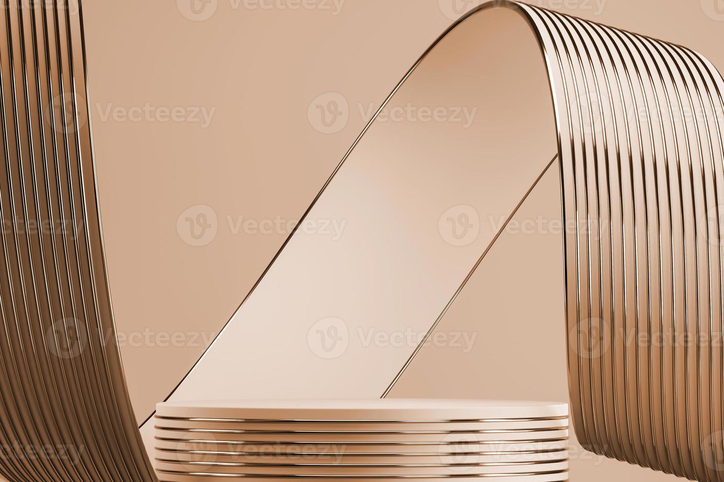 Beige podium on abstract soft background, beige ribbon and gold line texture bending around podium. minimal background for product presentation. 3d rendering photo