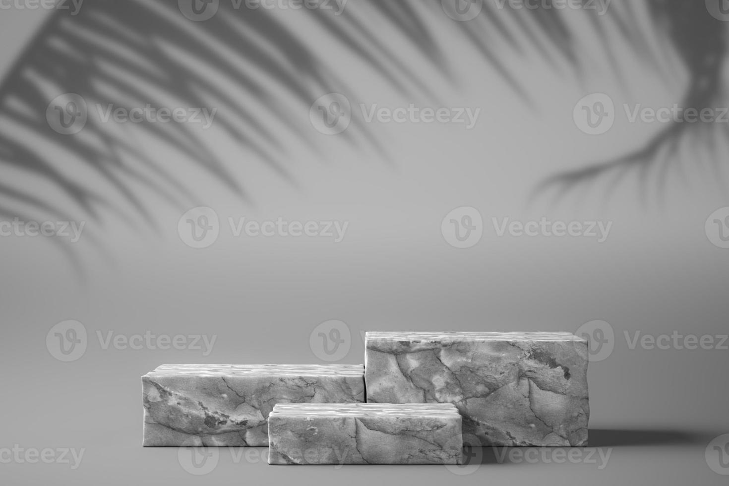 three white marbles are graduated in a white scene with tree shadow on top, abstract mockup background for product presentation. photo