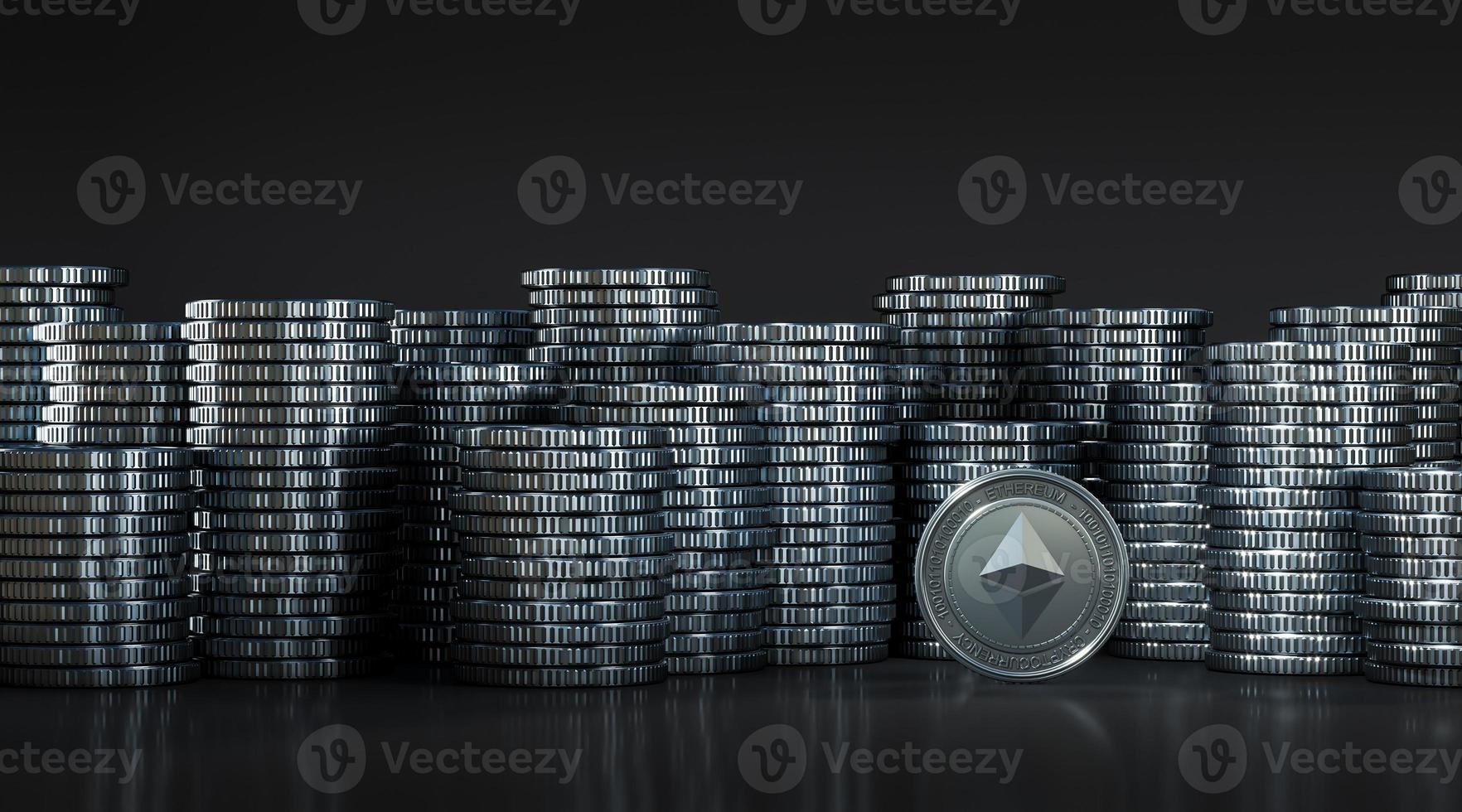 Mockup background for financial presentation, silver Ethereum among silver coins stacked on each other in different positions. 3d rendering photo