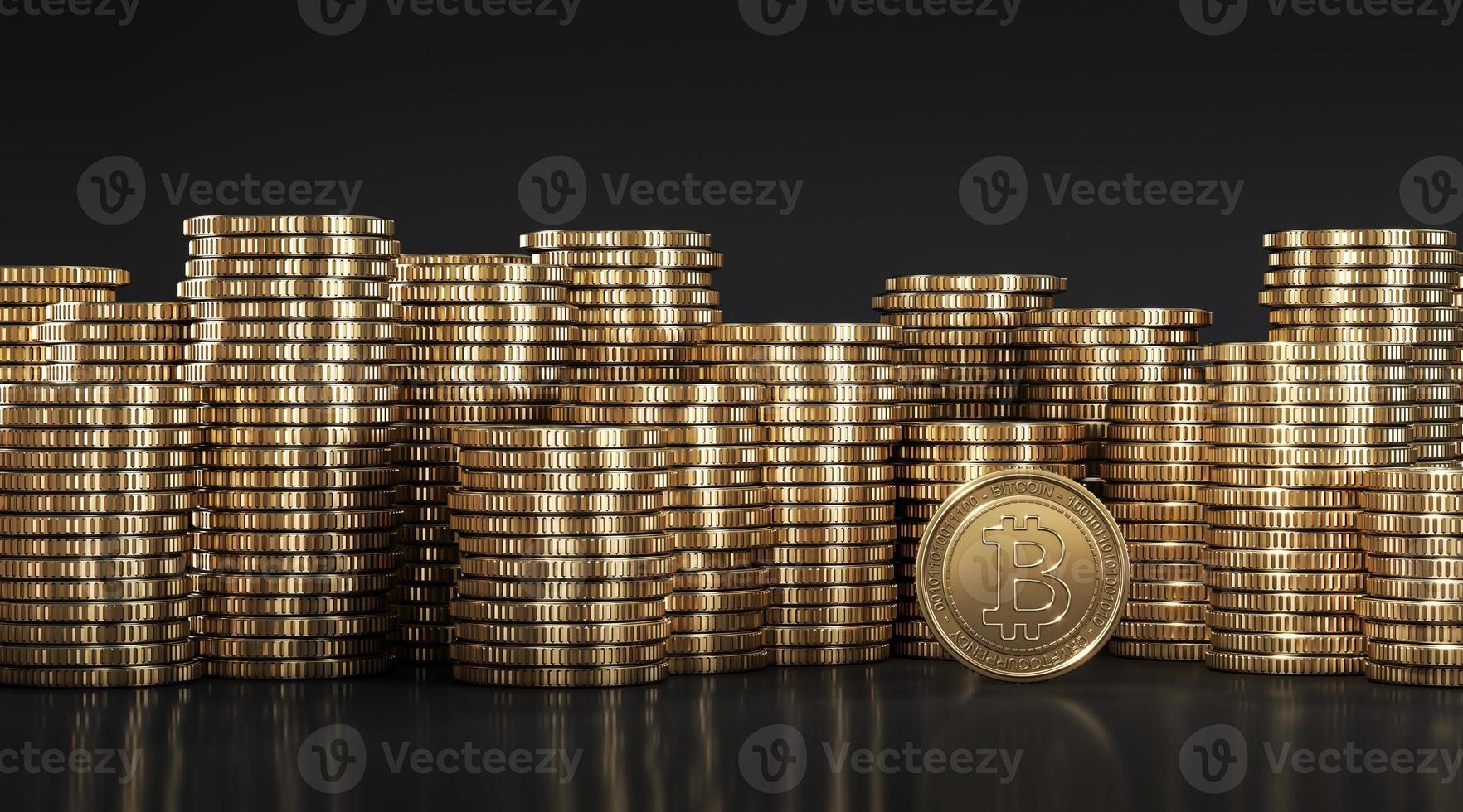 Mockup background for financial presentation, golden Bitcoin among golden coins stacked on each other in different positions. 3d rendering photo