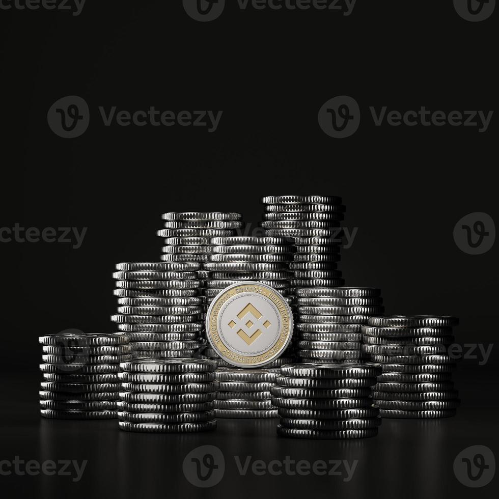 huge stack silver Binance coins in black scene, mockup digital currency coin for financial, token exchange promoting, advertising purpose photo