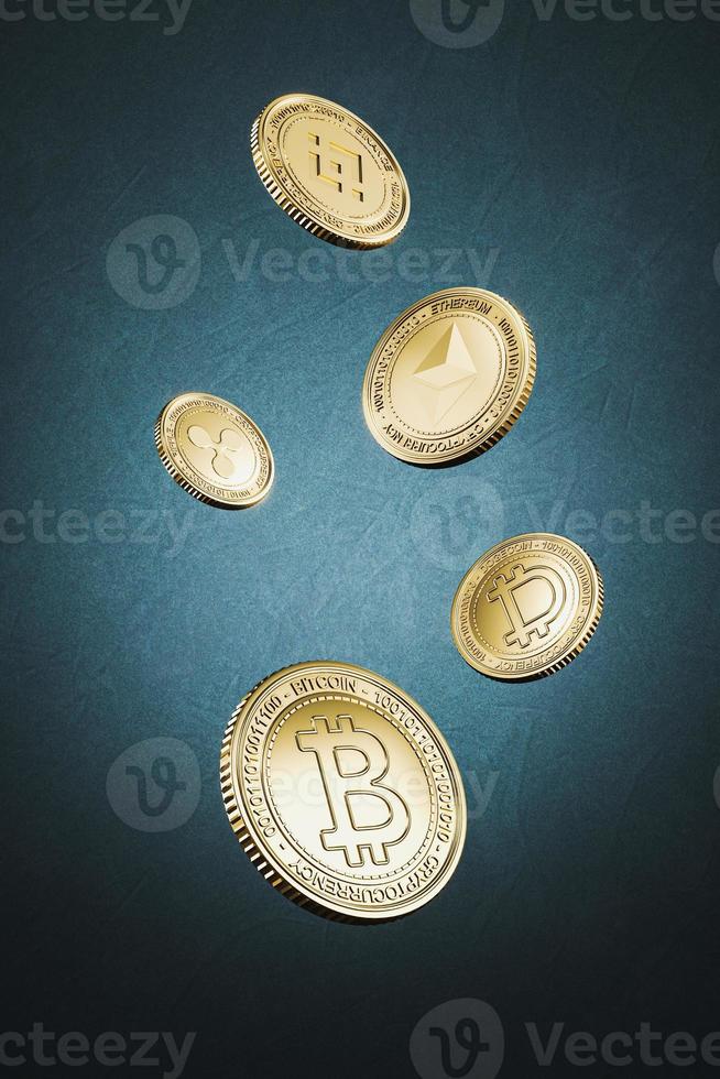 monedas de bitcoin doradas flotan sobre fondo azul, para el mercado de divisas criptográficas, promoción de intercambio de fichas, fines publicitarios foto