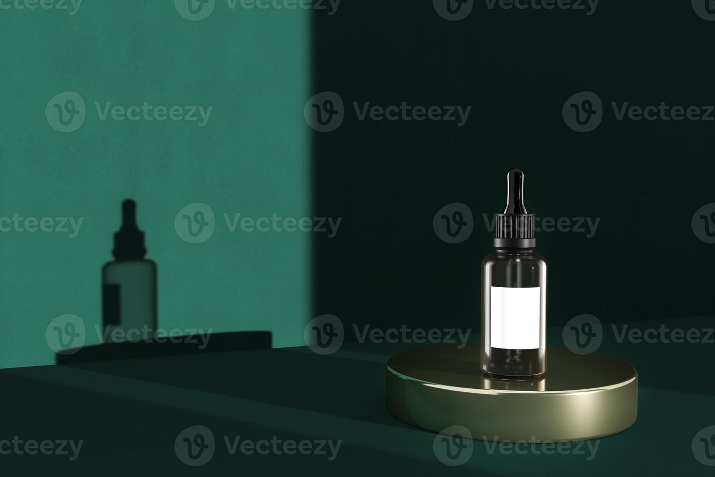 cosmetic bottle on the gold base in mockup studio, minimal mockup for cosmetic product presentation. photo