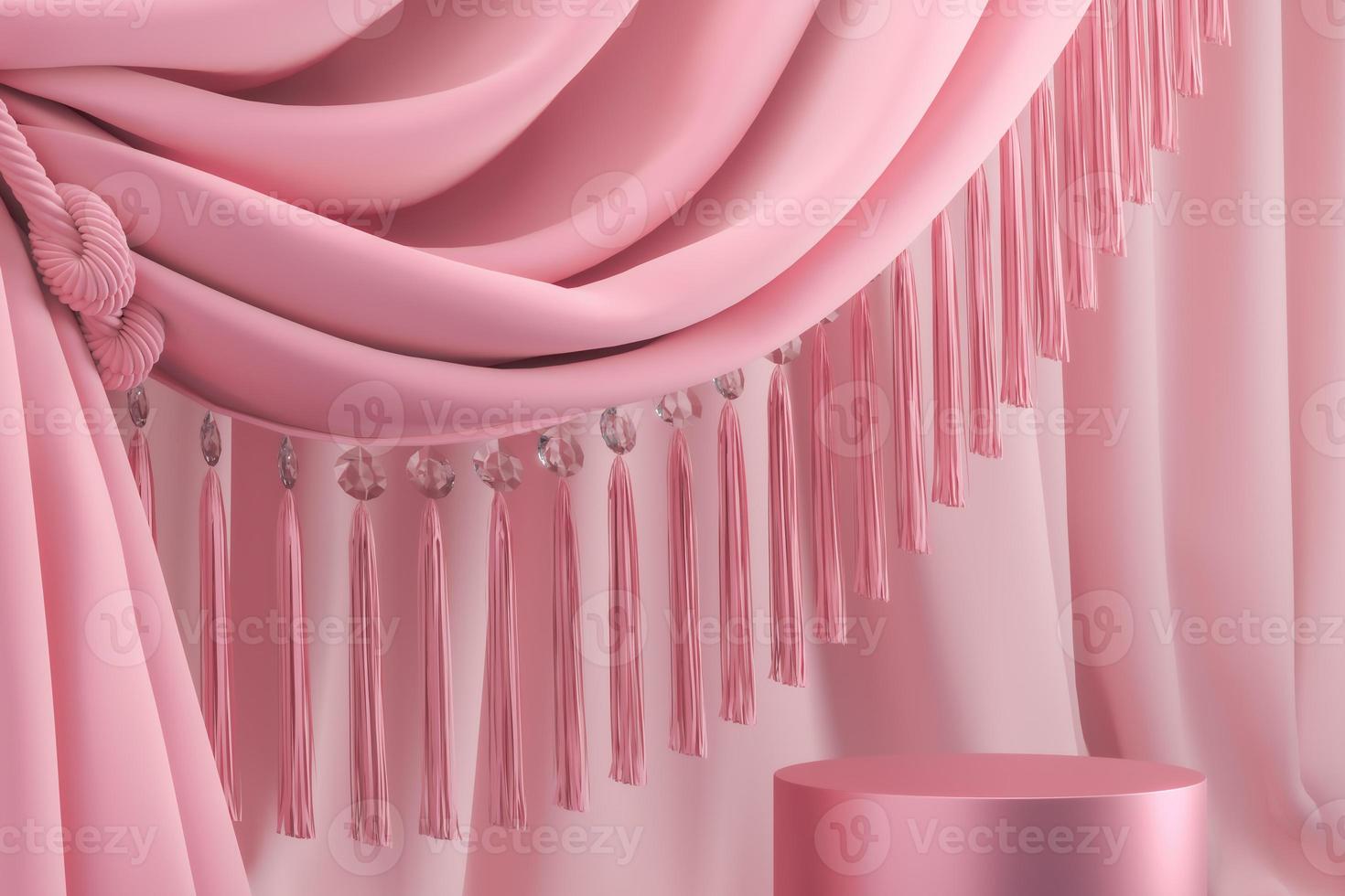 the shiny pink pallet and curtain with crystals, abstract background for branding and product presentation. photo