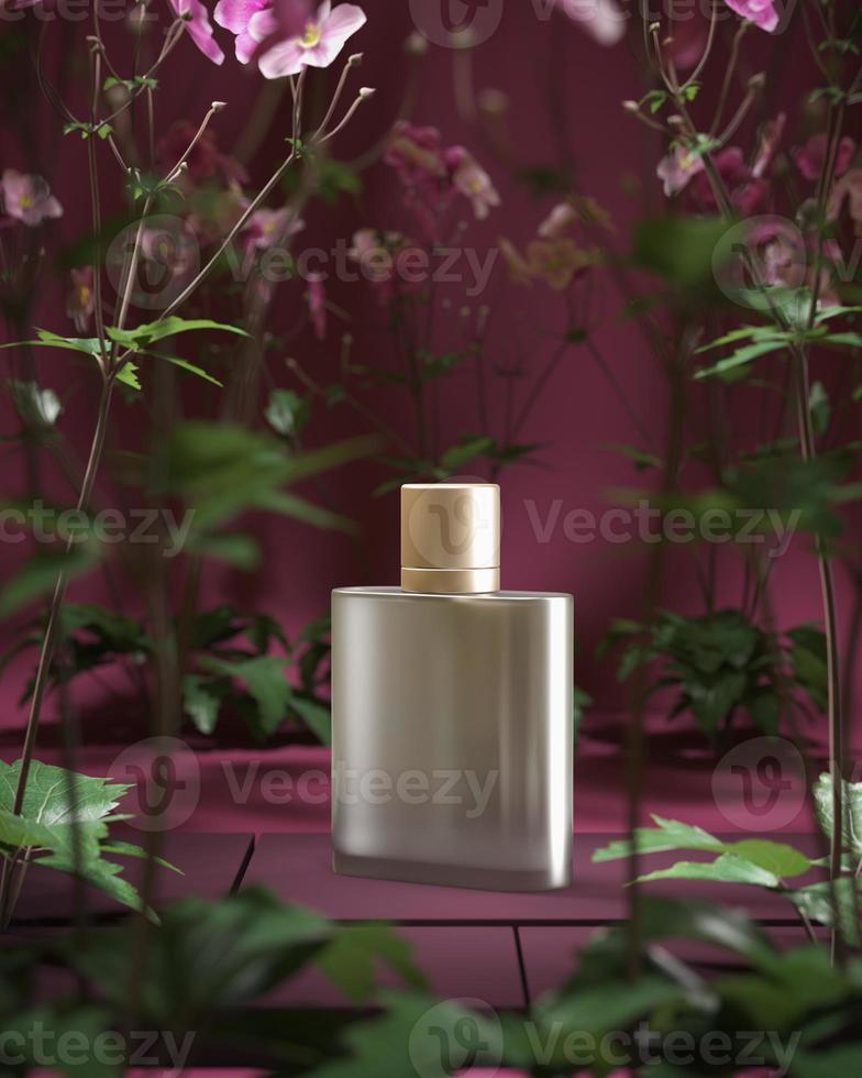 Model of a white cosmetic bottle with a shadow in the center of the flower cluster in a pink scene, flower blur in the foreground photo