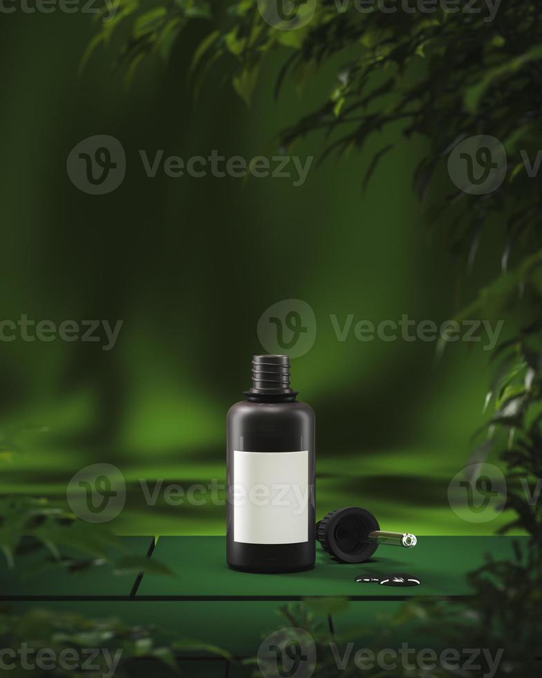 mockup serum or oil cannabis dropper bottle on green base, there is a blur of plant in the foreground photo