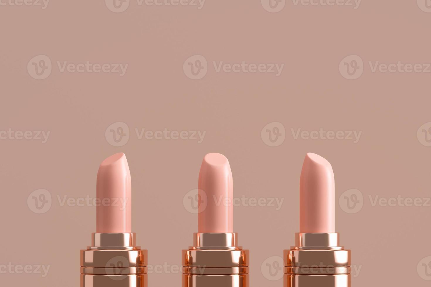 three champagne shiny lipstick light pink cream texture, cosmetic background for ads branding and product presentation. photo