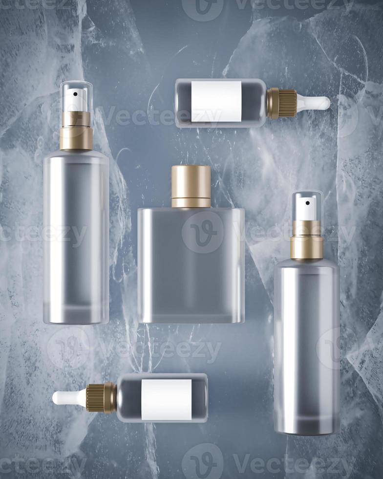 cosmetic bottles lying on the ice, mockup cosmetic for presentation photo