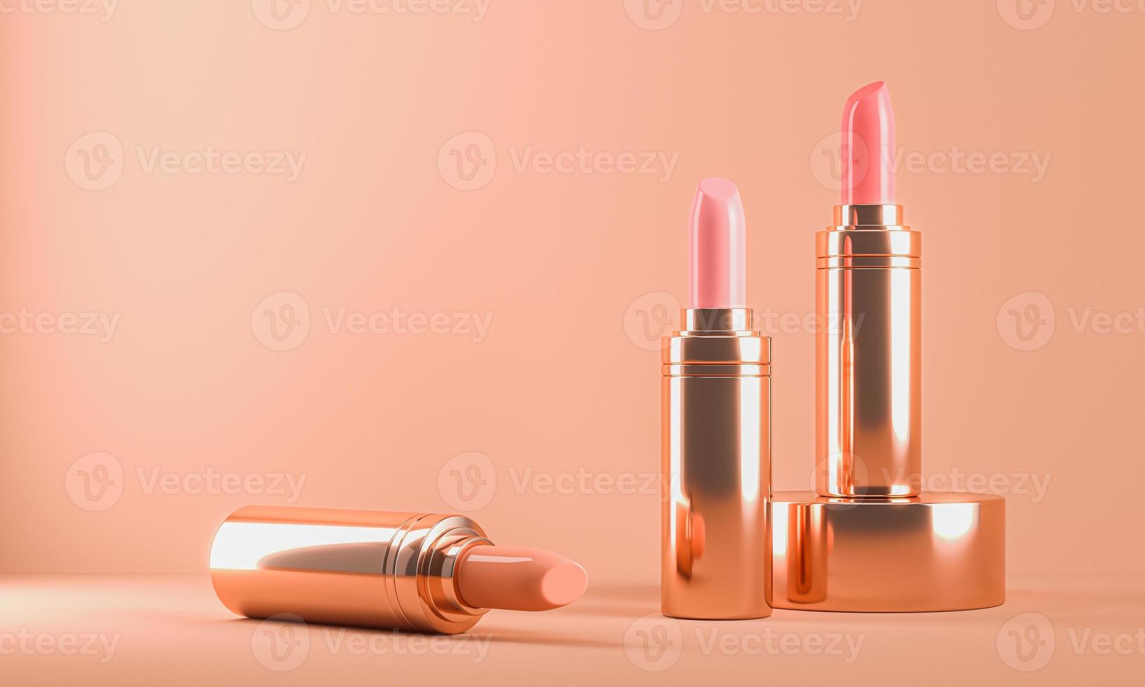 three champagne shiny lipstick and shiny podium, three color texture, minimal cosmetic background for ads branding or presentation. 3d rendering photo