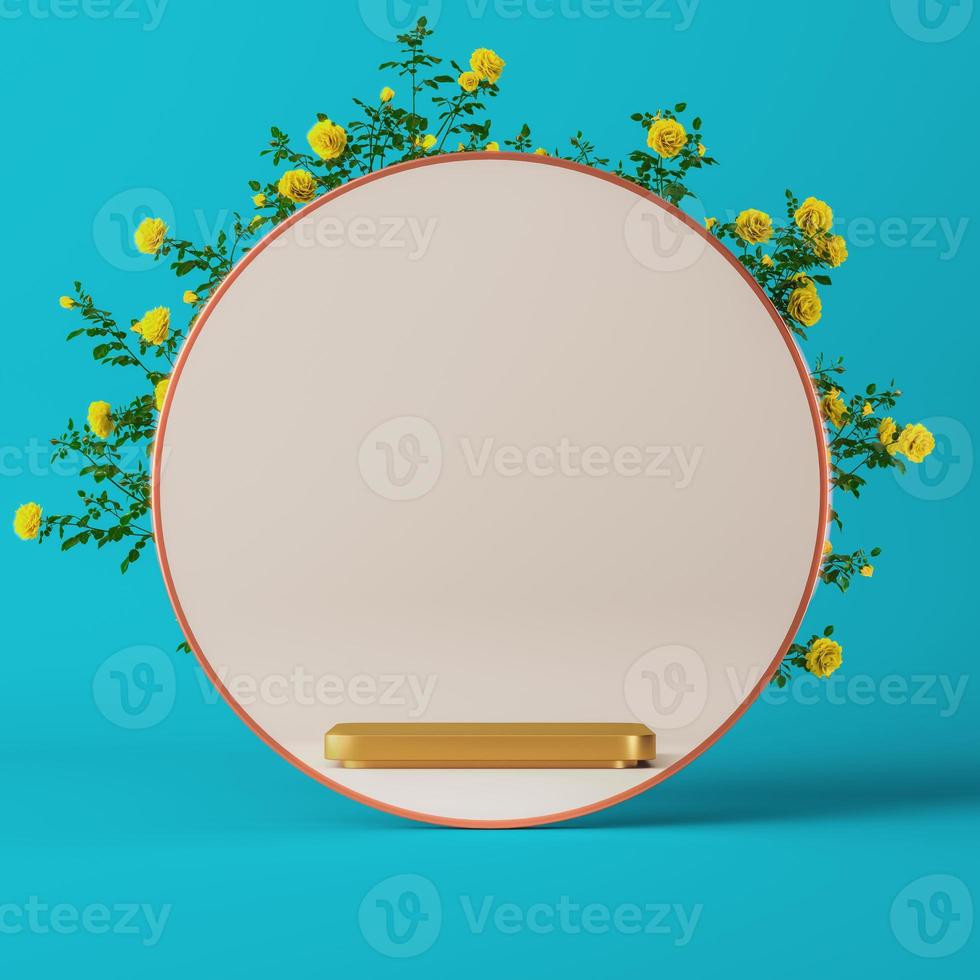 The reflection from the glass sees a golden pallet, blue background and yellow flowers. abstract background for branding and product presentation. photo