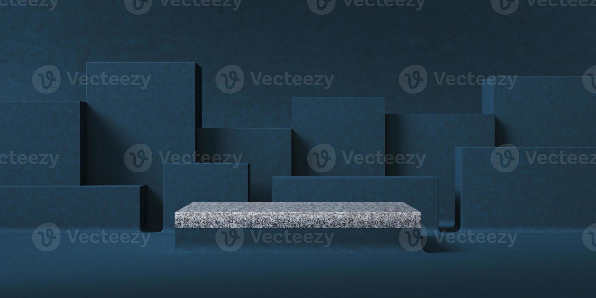 Abstract background for product presentation, gray marble mockup platform in front of dark blue box layer background. 3d rendering photo