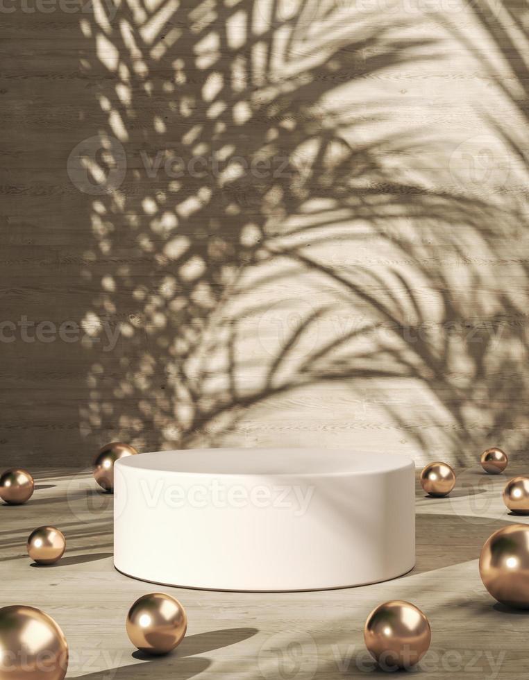 The white cylindrical platform and many balls shiny, tropical plants shade on background, Abstract background for product presentation. 3d rendering photo