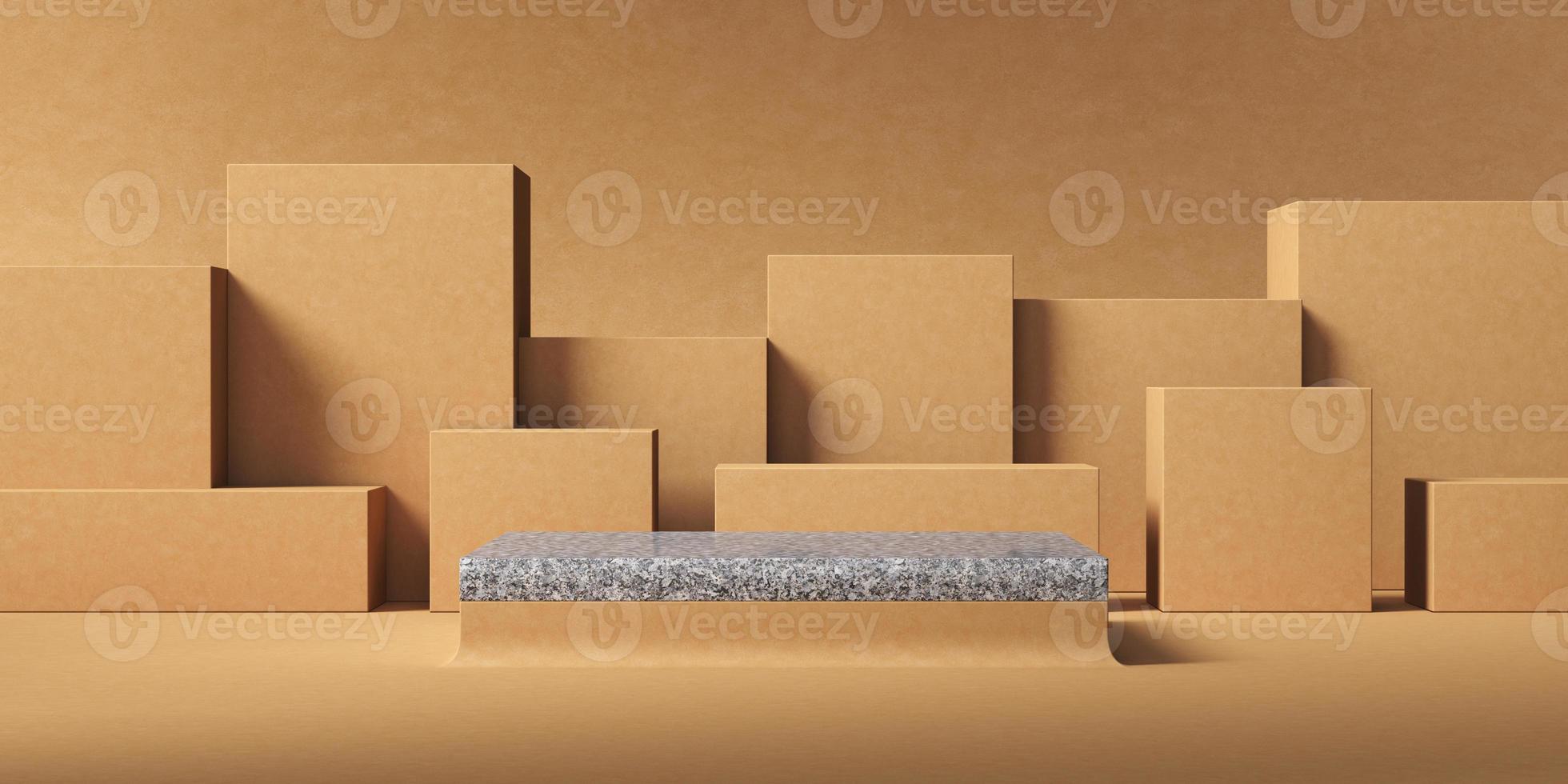 Abstract background for product presentation, gray marble mockup platform in front of beige box layer background. 3d rendering photo