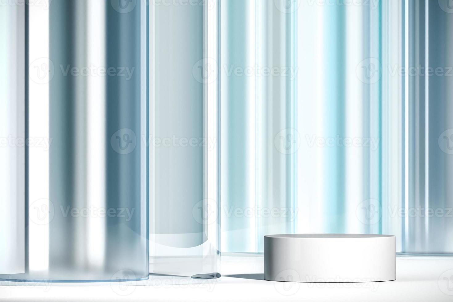 Abstract background for product presentation or branding, White platform and curve clear glass reflects white light. 3d rendering photo