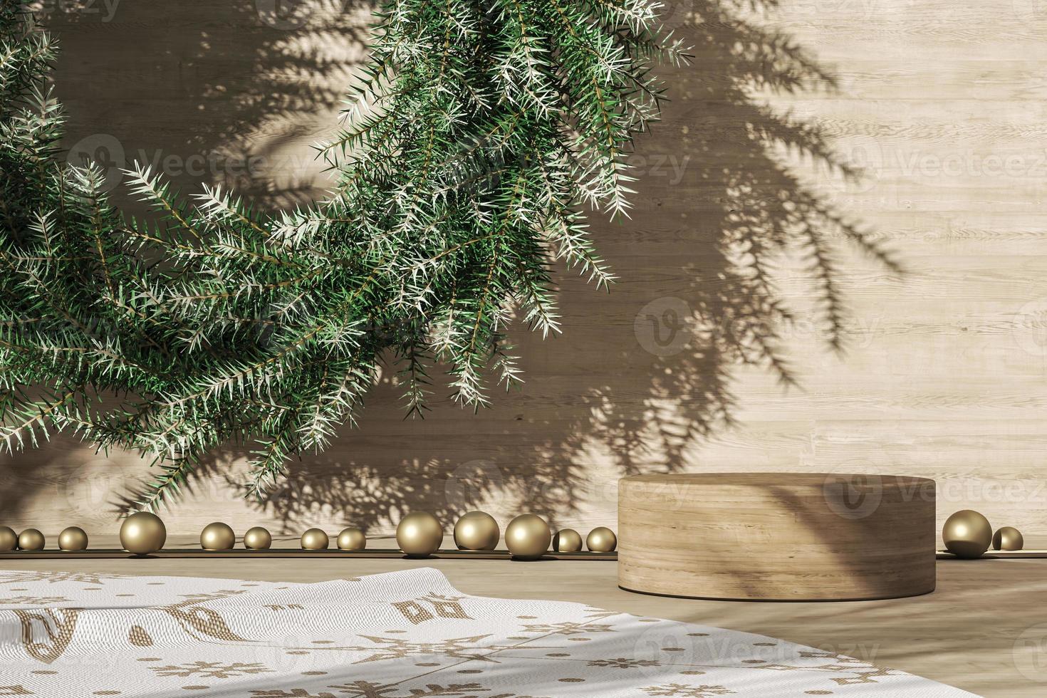 The wooden cylindrical platform and christmas decoration. 3d rendering photo