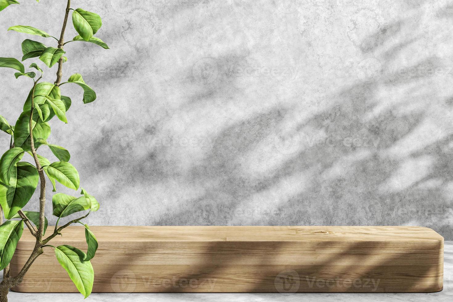 Minimalist mockup background for product presentation, Sunshade and shadow on wooden platform and cement wall, plant on foreground. 3d rendering photo