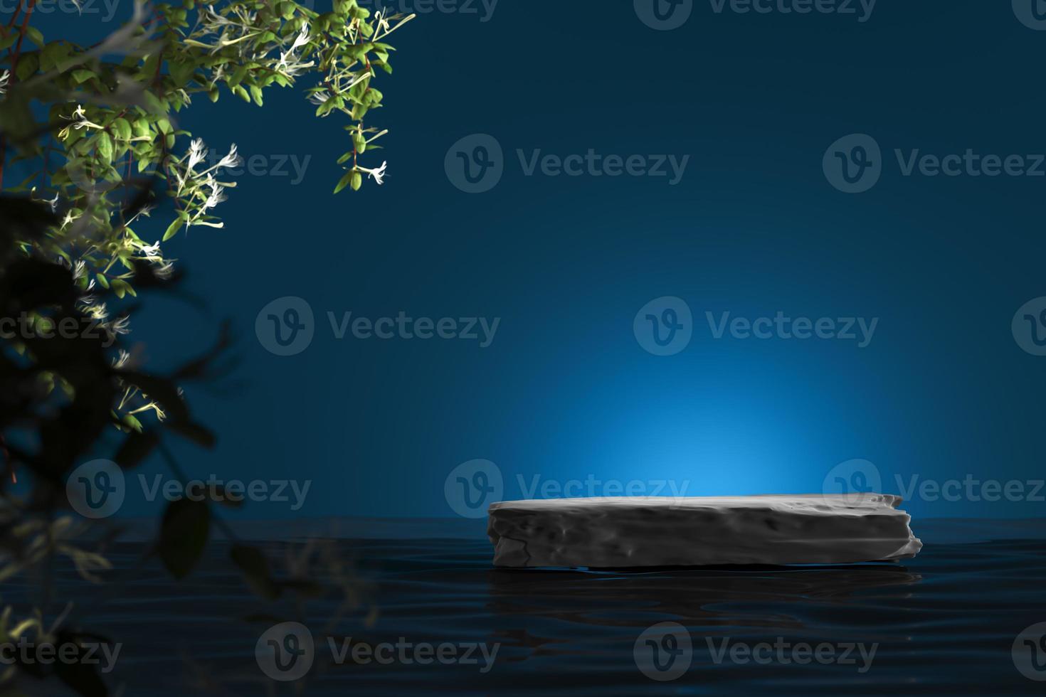 Black stone slab on water and highlight on blue background. Blur plants foreground. Mockup background for product presentation or ads. 3d rendering photo