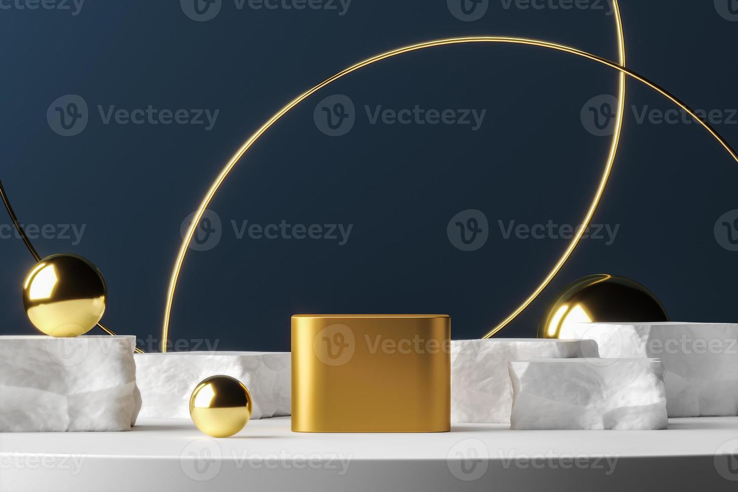 Golden podium on white platform gold balls and ring, abstract background for presentation or advertising. 3d rendering photo