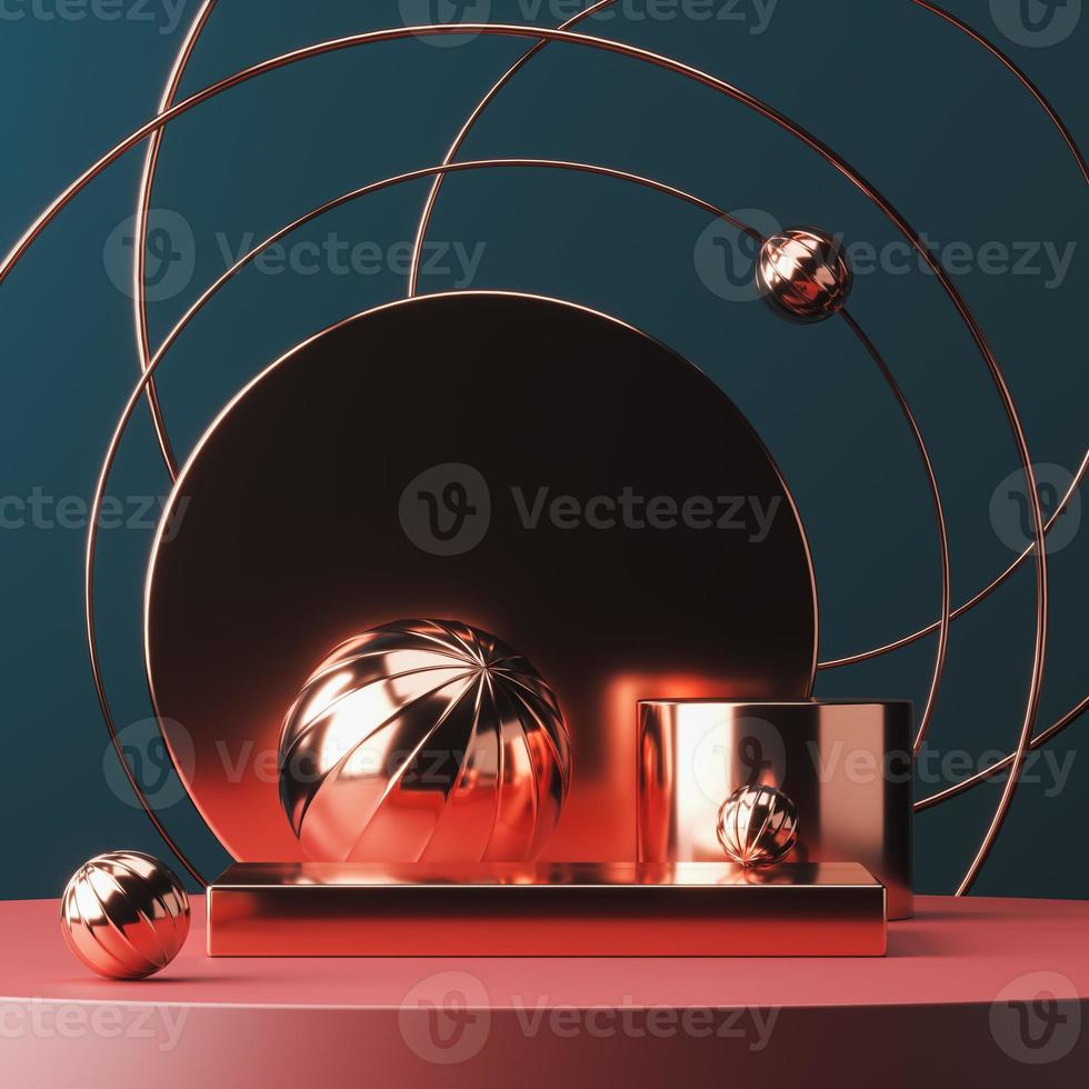 Red shiny platform on many red shiny objects in scene, abstract background for presentation or advertising. 3d rendering photo