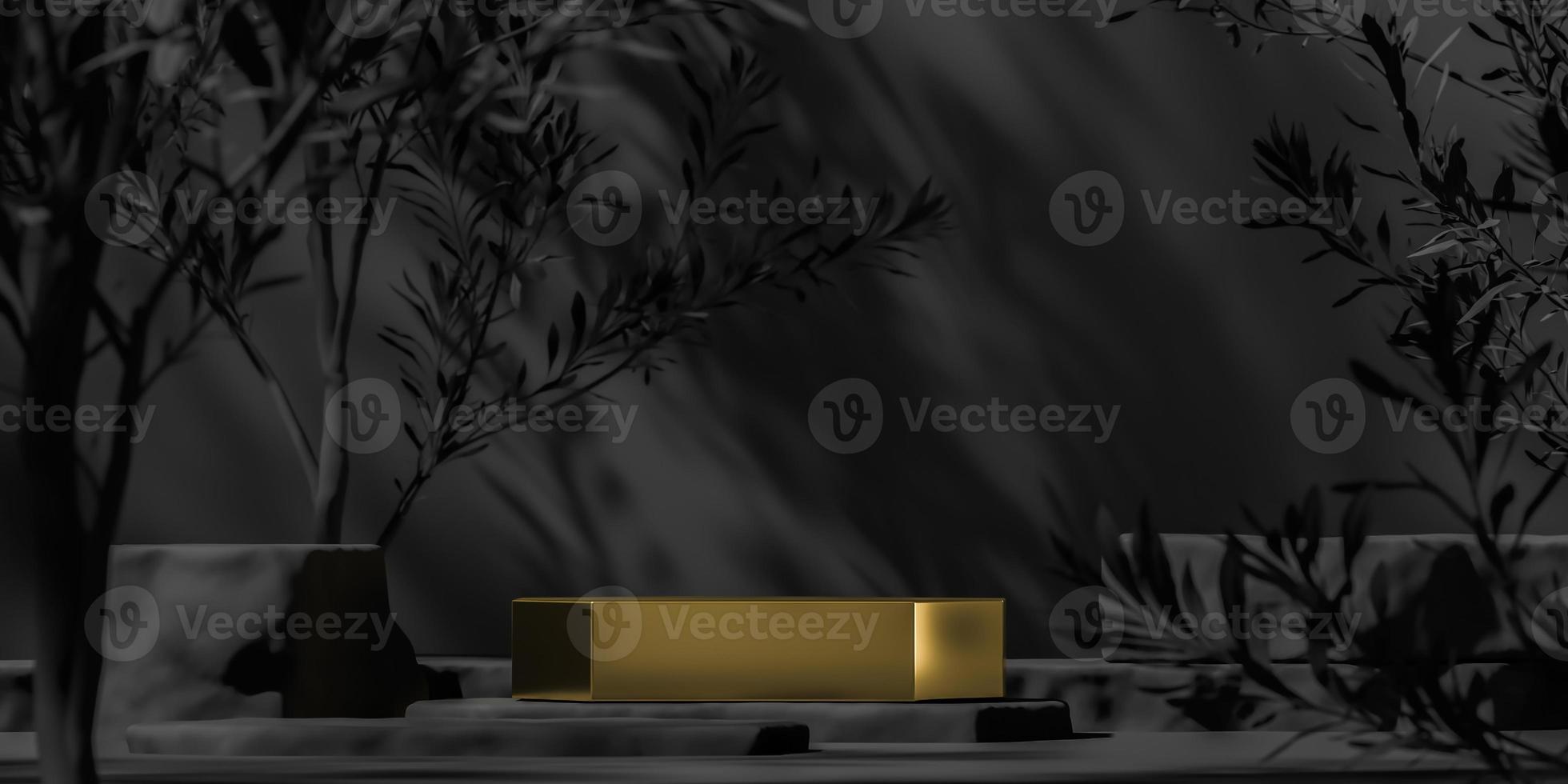 Gold platform for product presentation, Mockup black scene and sunshade shadows, abstract background for product presentation or ads. 3d rendering photo