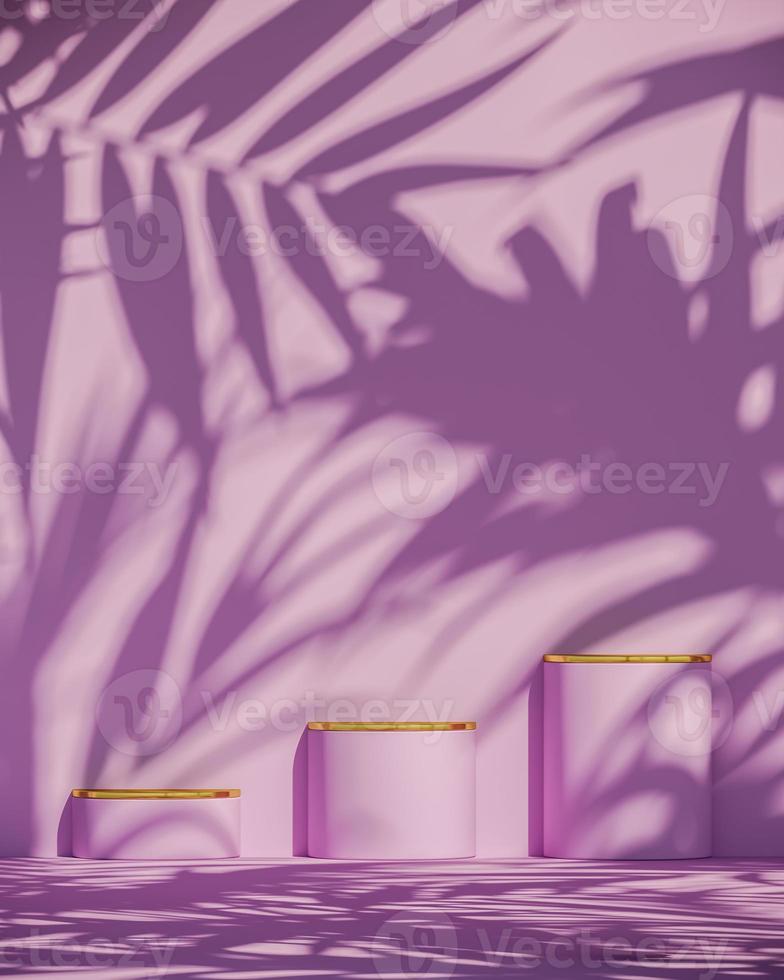 Three pink podium and golden top on sunshade and plants shadows on pink wall, abstract background for product presentation or ads. 3d rendering photo