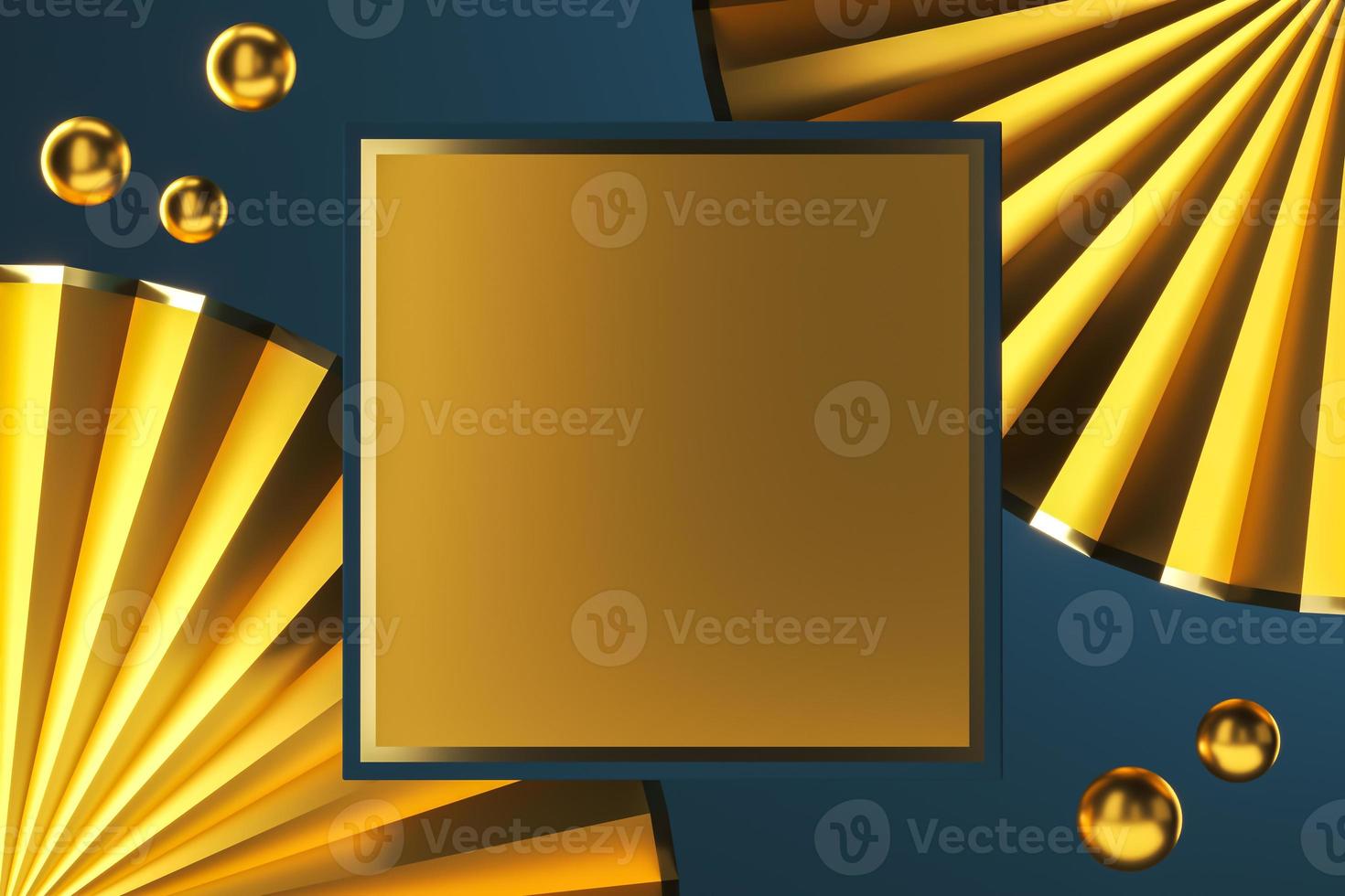 Copy space on gold square area, gold folding Fans and balls on background, abstract background for text or presentation. 3d rendering photo